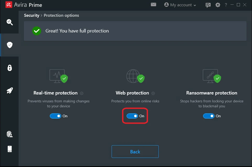 Official Avira Prime Protection options with Web protection enabled