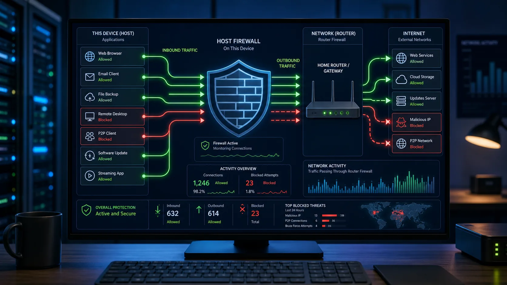 Windows host firewall filtering inbound and outbound app traffic before a home router