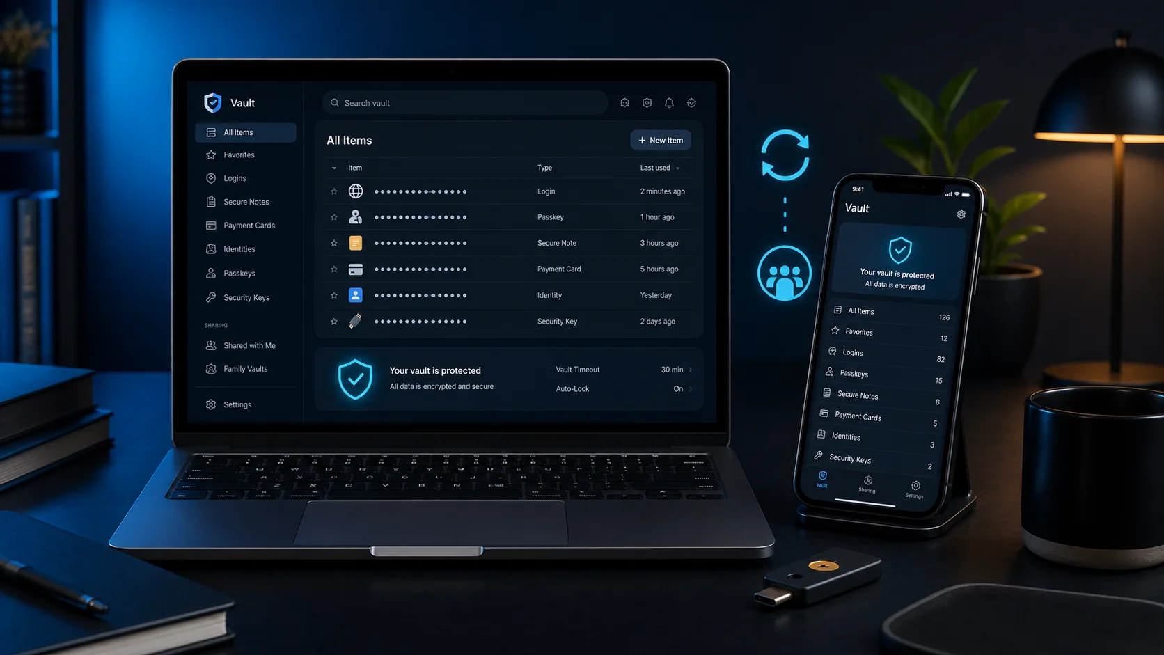 Password manager comparison with encrypted vaults, passkeys, family sharing and a hardware security key