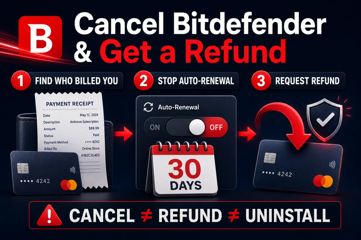 Bitdefender cancellation route from billing receipt through auto-renewal switch to 30-day refund request
