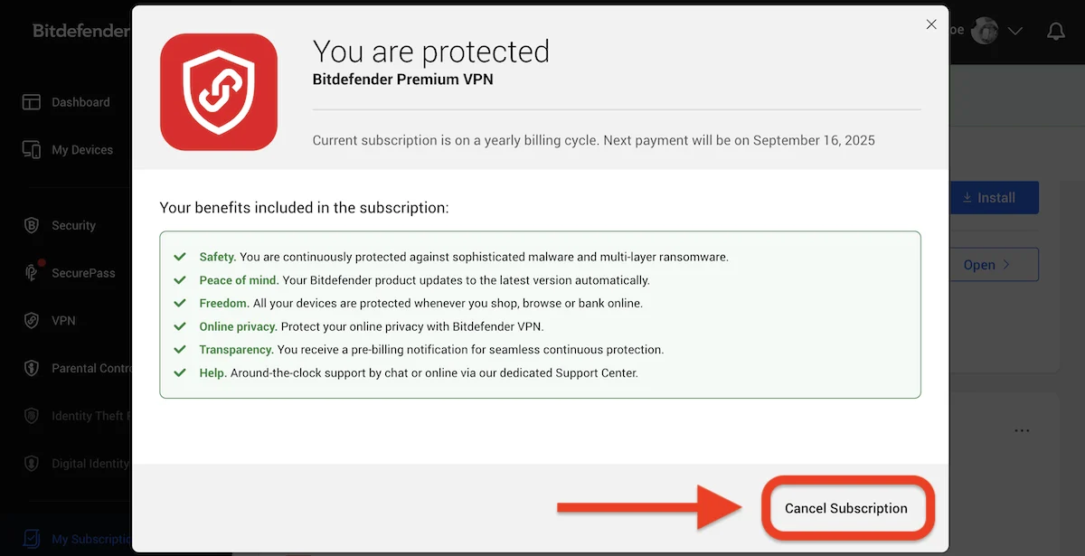 Bitdefender Central cancellation dialog with Cancel Subscription button