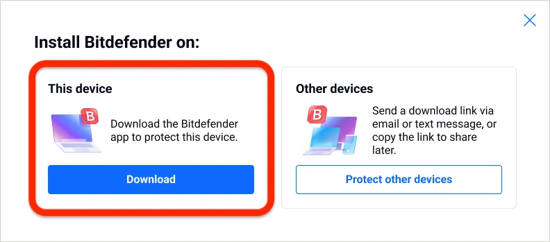 Bitdefender Central window offering Download for this device or Protect other devices