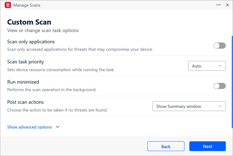 Bitdefender Custom Scan options with the Scan task priority setting on Auto
