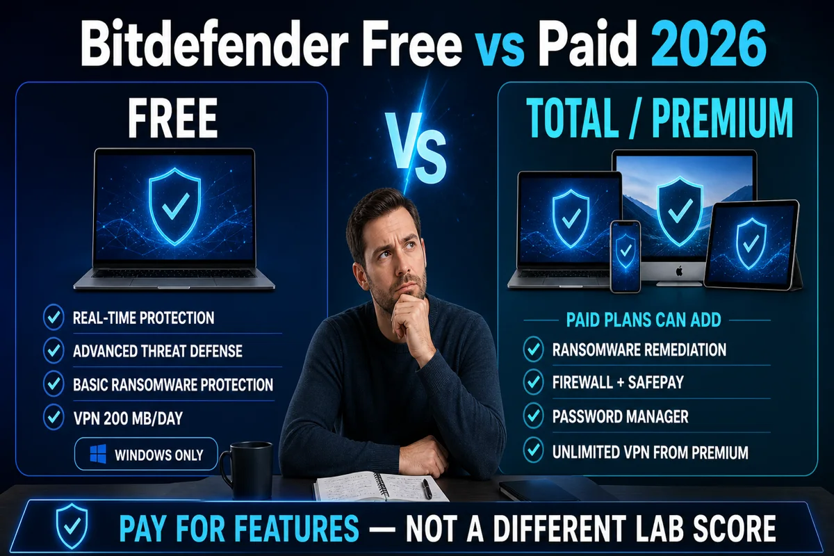 Bitdefender Free versus Total and Premium feature comparison for real-time protection ransomware recovery firewall and VPN