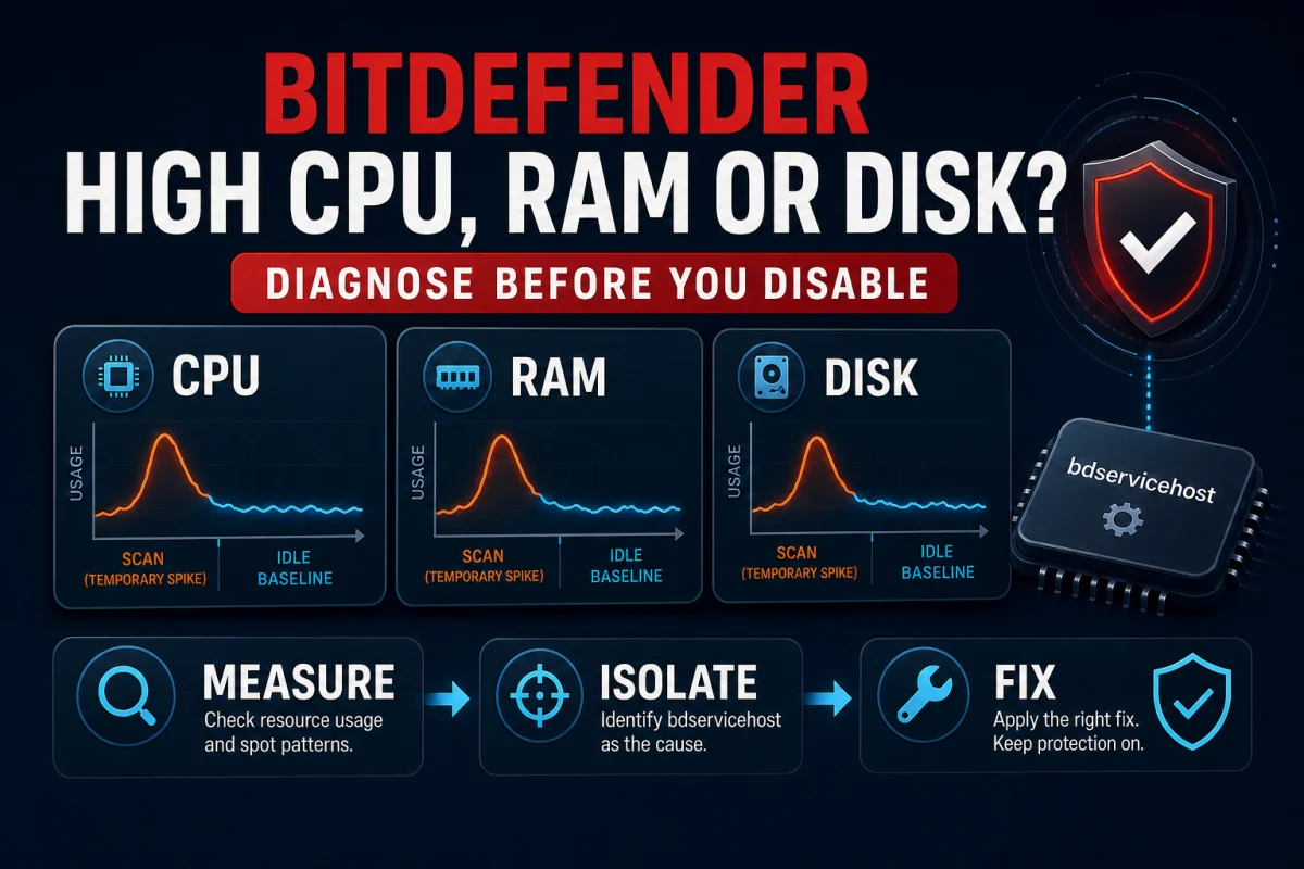 Bitdefender CPU RAM and disk diagnostic flow from scan spike to idle baseline