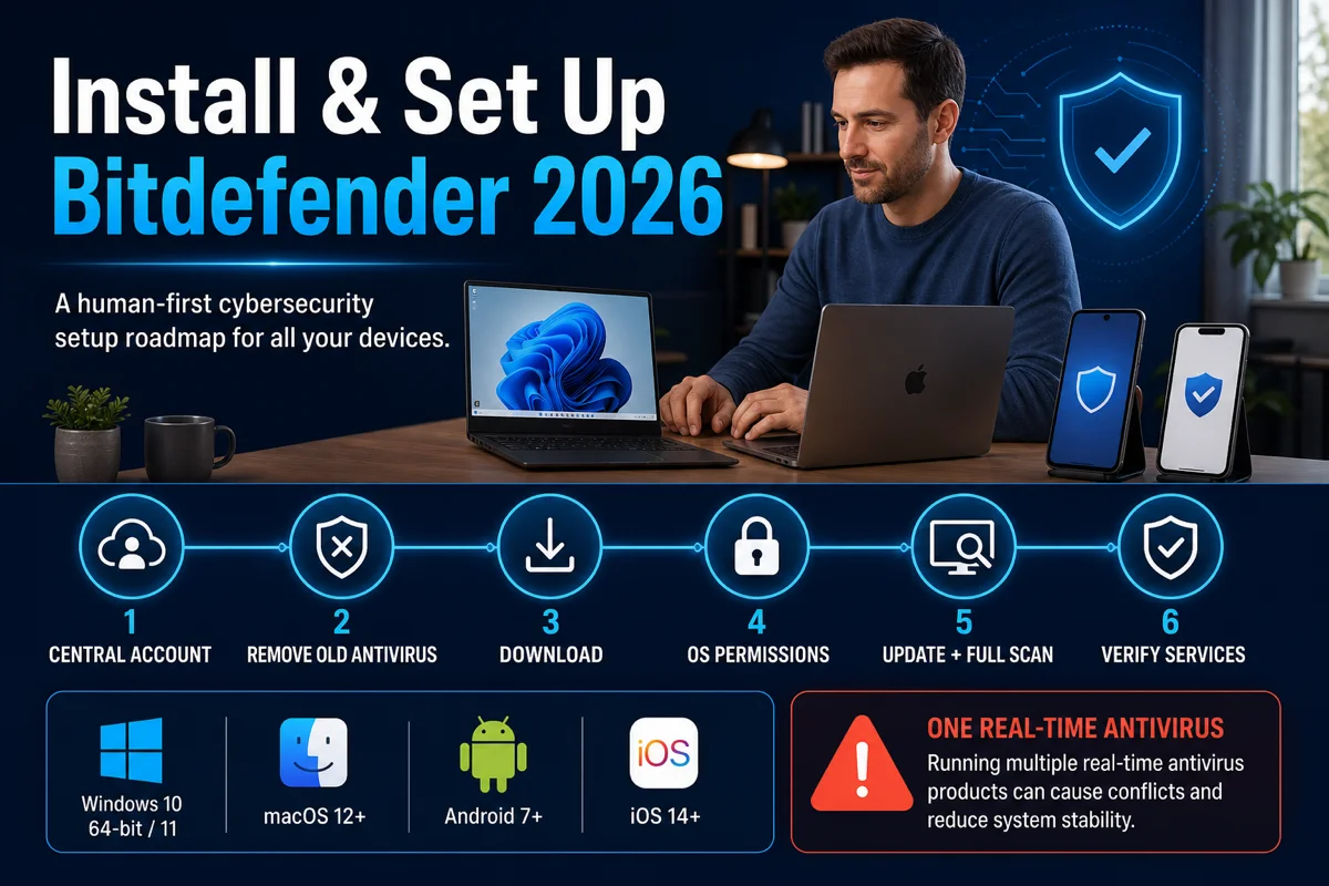 Six-step Bitdefender installation roadmap for Central download permissions update scan and service verification