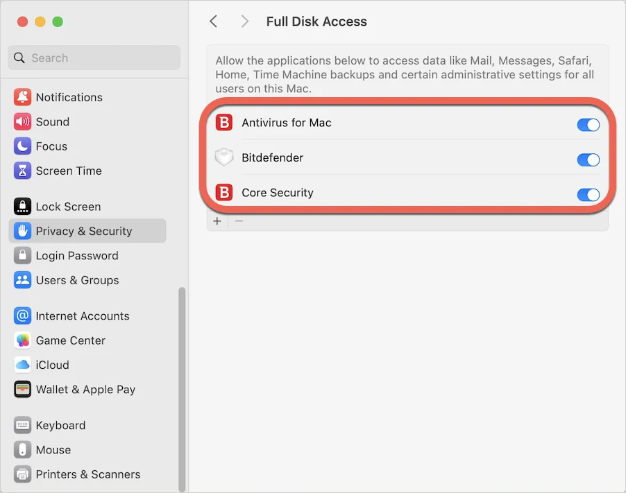 macOS Full Disk Access settings with Bitdefender security components enabled