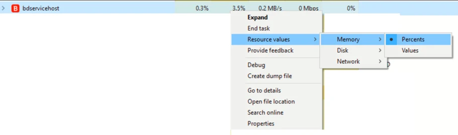 Windows Task Manager menu for showing bdservicehost memory as a percentage
