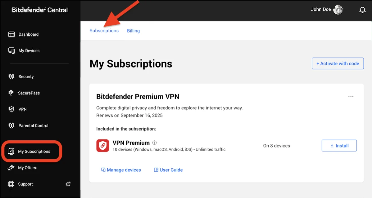 Bitdefender Central My Subscriptions page with Subscriptions tab and three-dot subscription menu