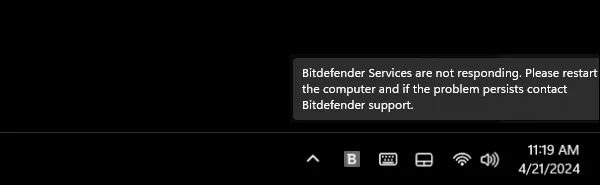 Windows tray message stating Bitdefender services are not responding
