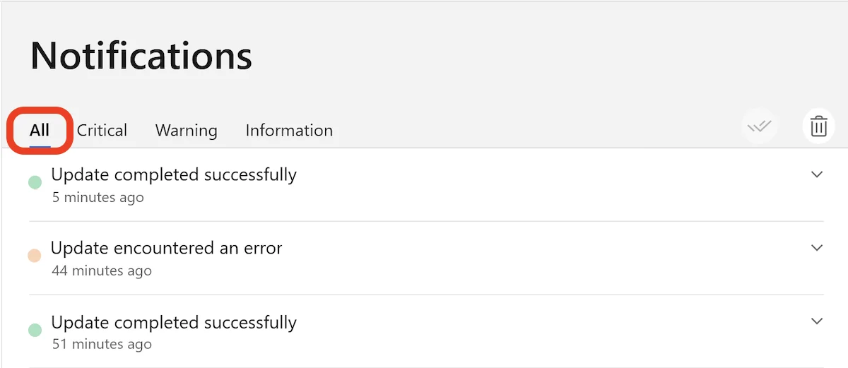 Bitdefender Notifications showing an update error followed by successful updates