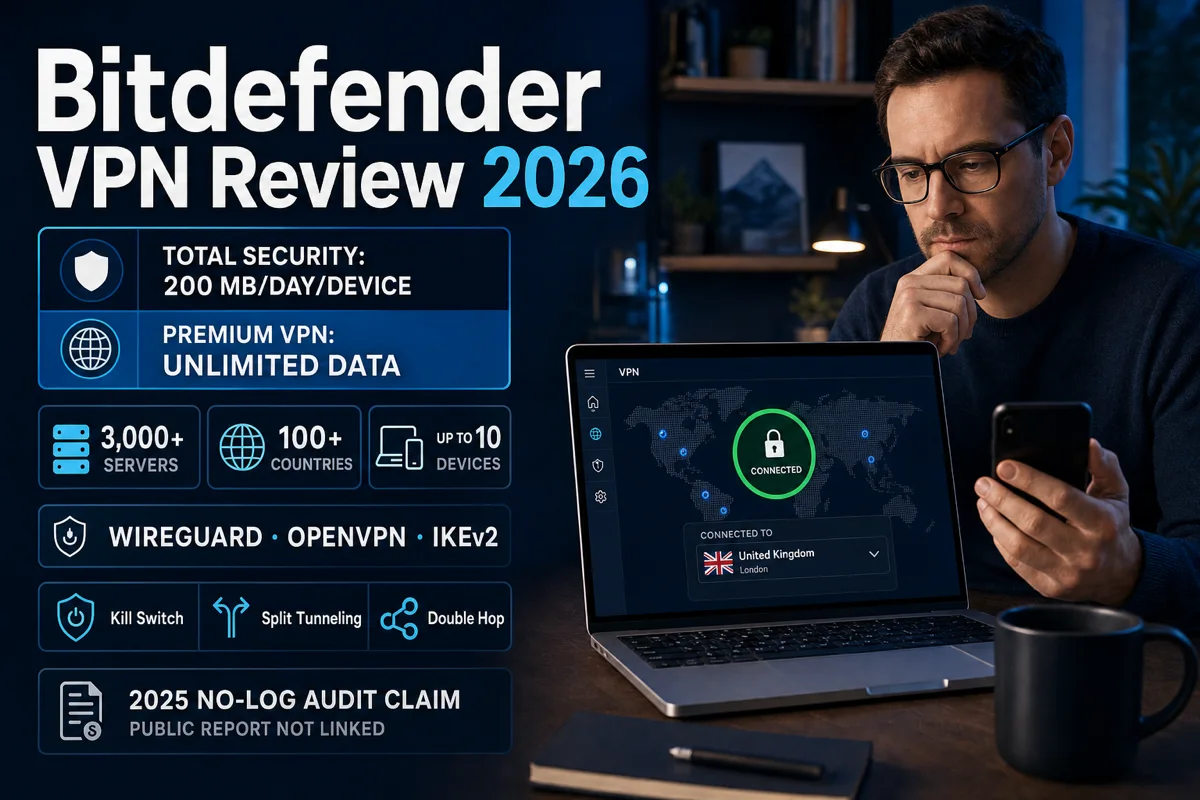 Bitdefender VPN review comparison of the 200 MB daily limit, Premium coverage, protocols and privacy evidence