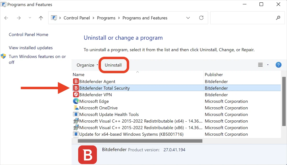 Windows installed programs list with Bitdefender security VPN and Agent shown as separate entries