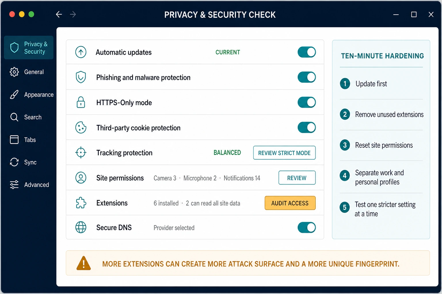 Browser privacy and security settings check for updates, phishing protection, HTTPS, cookies, permissions, extensions and secure DNS