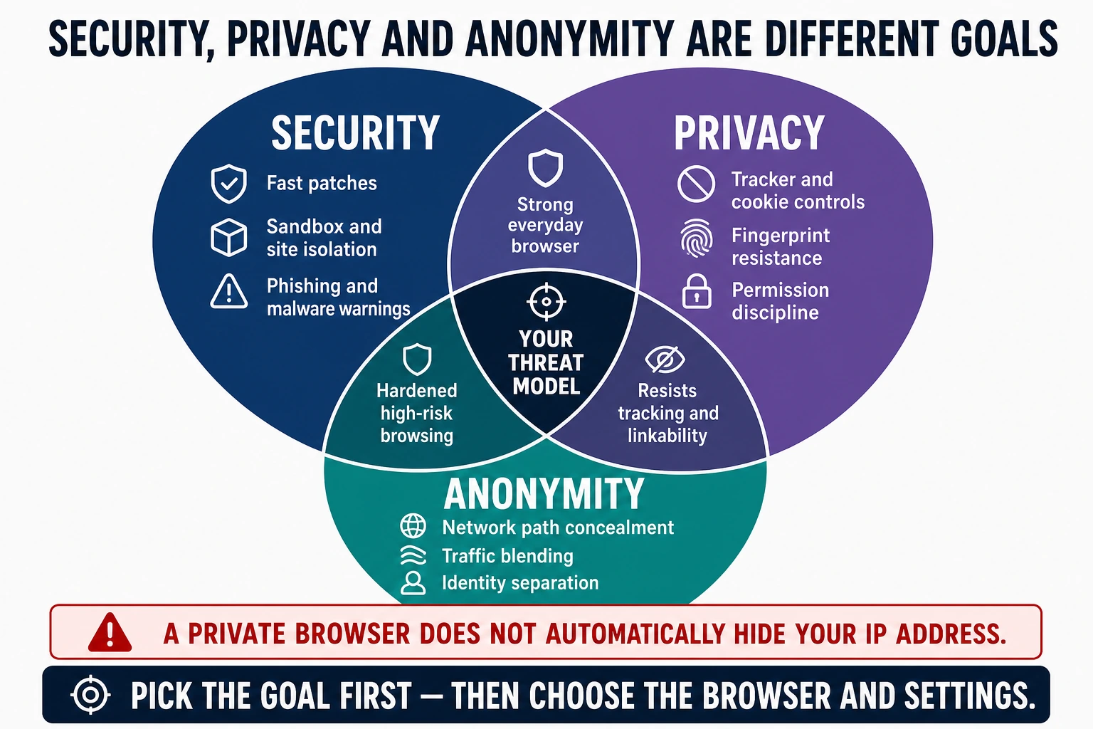 Browser threat-model map separating exploit security, tracking privacy and network anonymity with their overlapping protections
