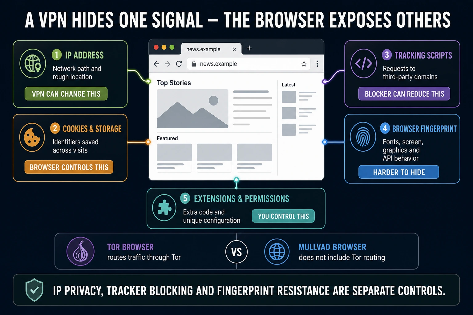 Browser tracking surface showing IP address, cookies, tracking scripts, fingerprint data, extensions and permissions as separate signals
