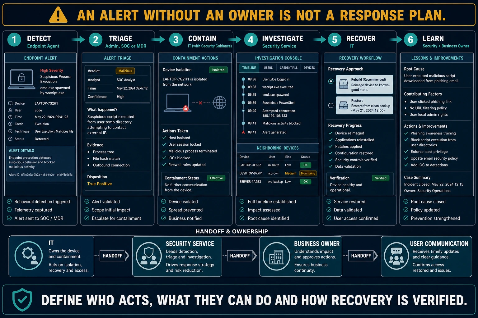 Business endpoint incident workflow from detection and triage through isolation, investigation, recovery and root-cause improvement