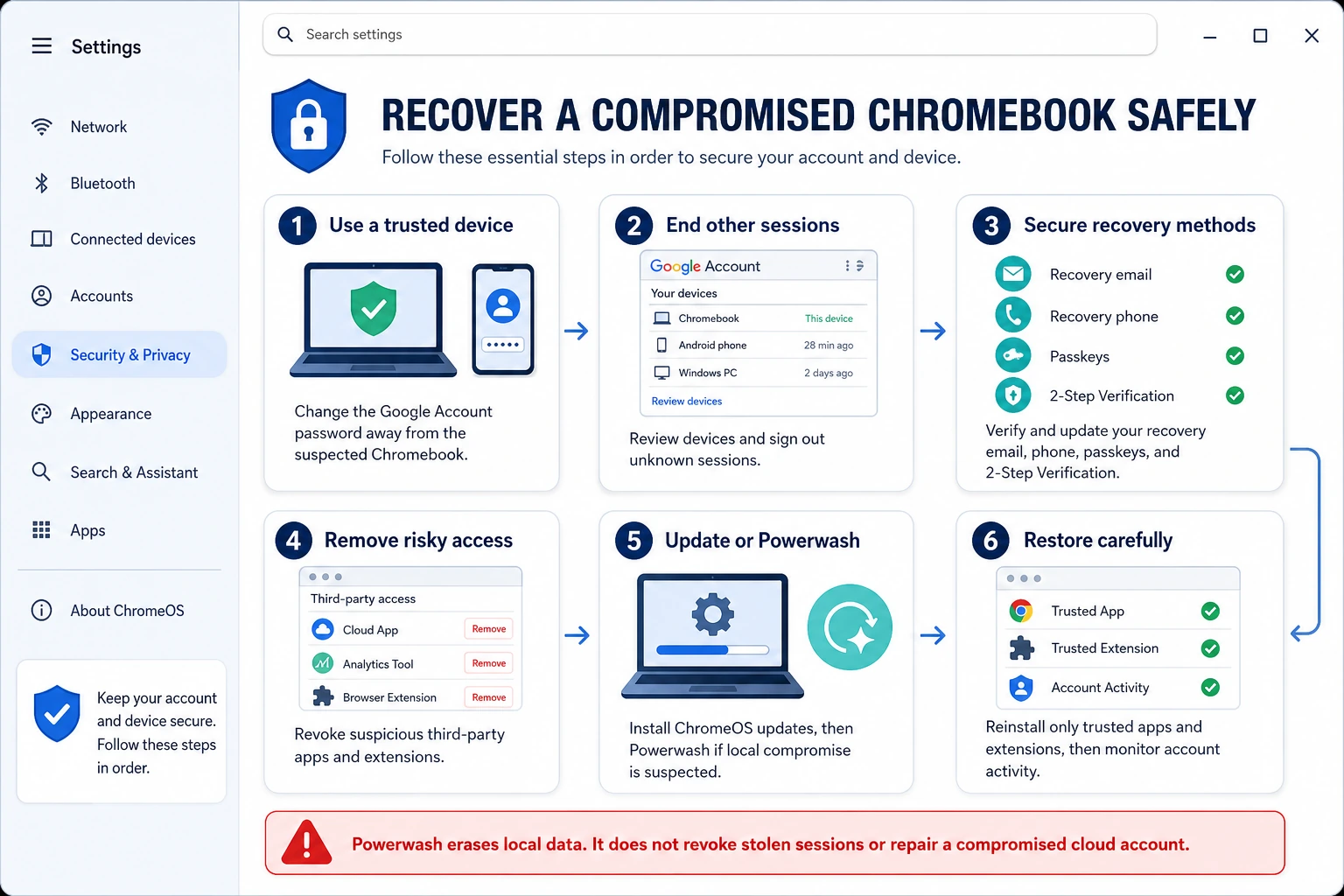 Compromised Chromebook recovery sequence for password changes, session revocation, recovery methods, third-party access, Powerwash and careful restore