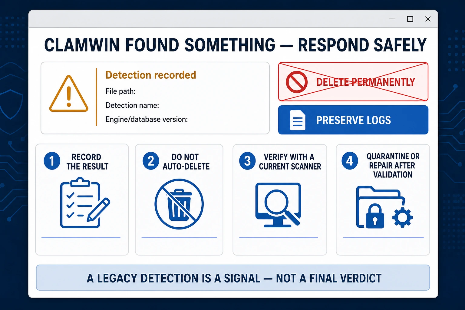 Safe ClamWin detection response workflow for recording the result, avoiding automatic deletion and verifying with a current scanner