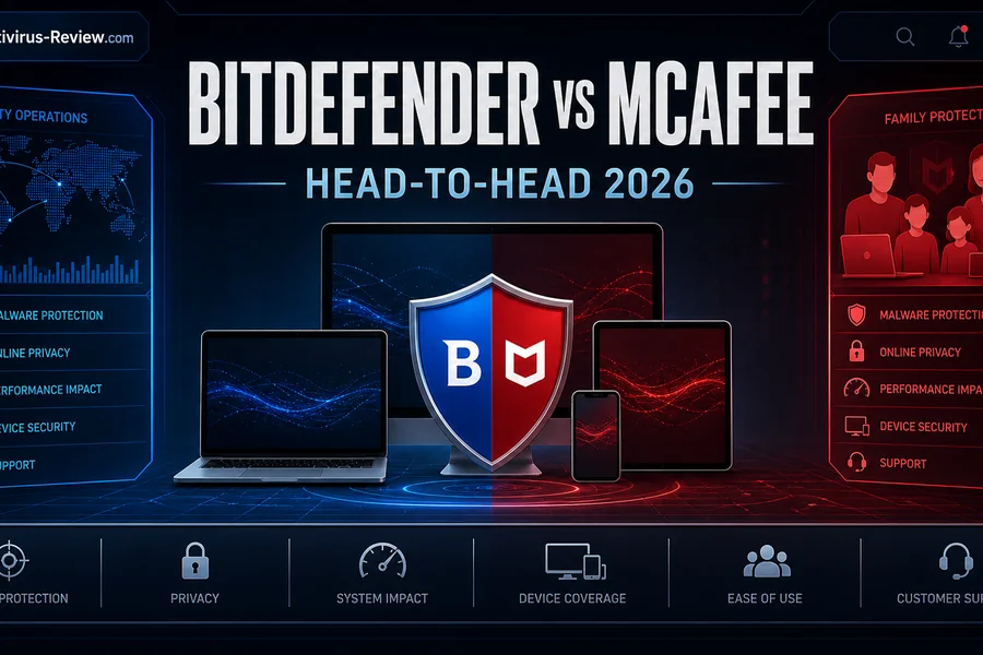 Bitdefender vs McAfee in 2026: Maximum Protection or Minimum Impact antivirus comparison dashboard for 2026