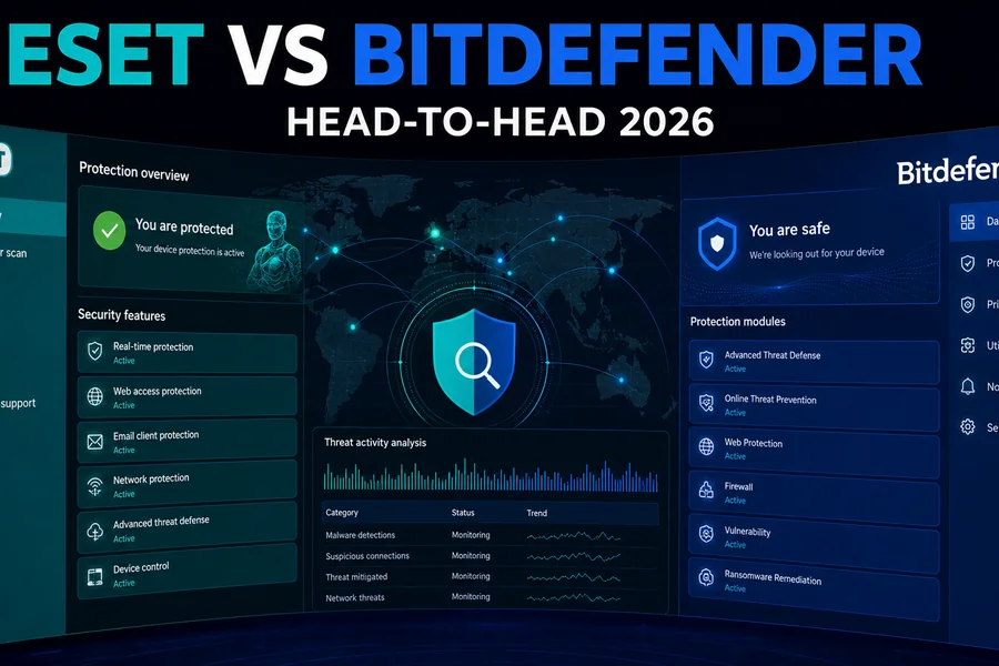 ESET vs Bitdefender in 2026: Precision Control or Maximum Coverage antivirus comparison dashboard for 2026
