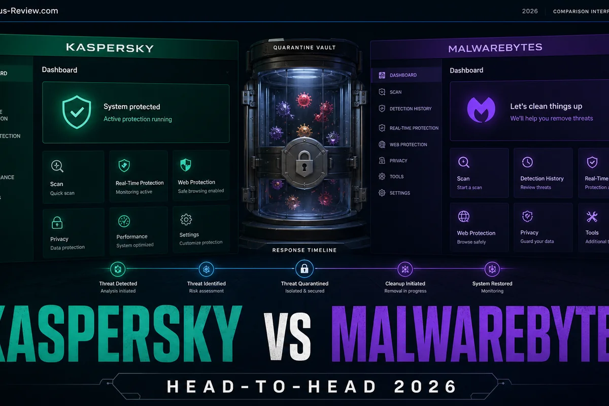 Kaspersky vs Malwarebytes in 2026: The Banned Champion vs the Cleanup King antivirus comparison dashboard for 2026