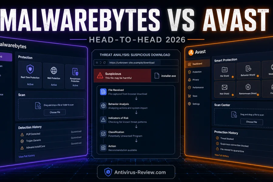 Malwarebytes vs Avast in 2026: Two Very Different Kinds of Free antivirus comparison dashboard for 2026