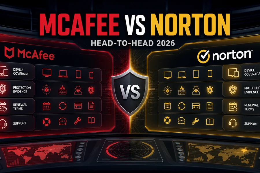 McAfee vs Norton antivirus comparison dashboard for 2026
