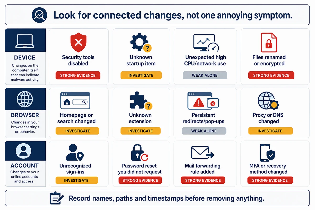 Twelve malware warning signs grouped by device browser and account evidence