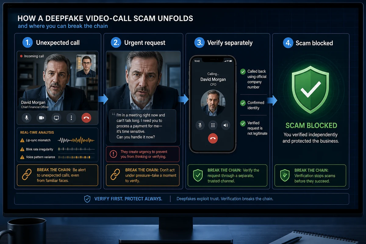 Deepfake video-call scam workflow from urgent request to independent verification