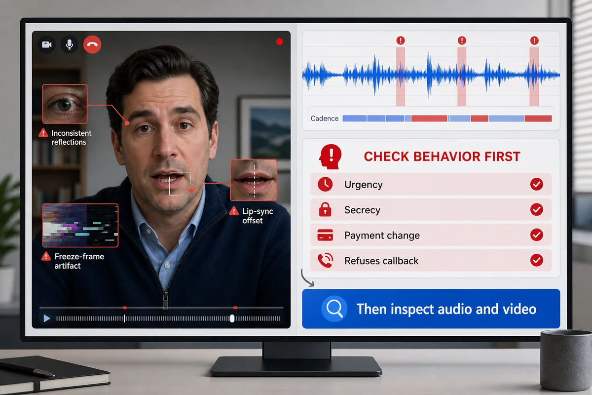 Deepfake call warning signs prioritizing urgency secrecy payment changes and callback refusal