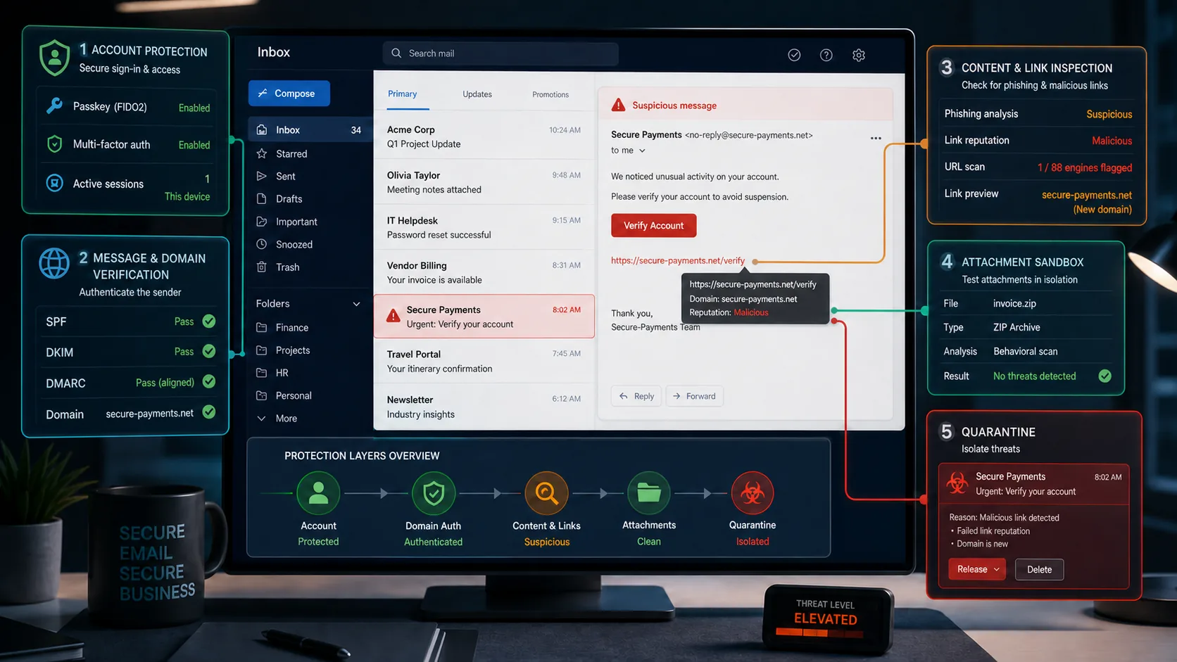 Email security layers checking account access, domain authentication, links, attachments and quarantine