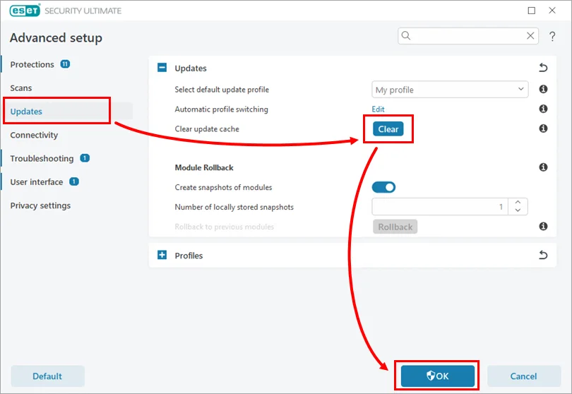 Clear update cache control in ESET Advanced setup