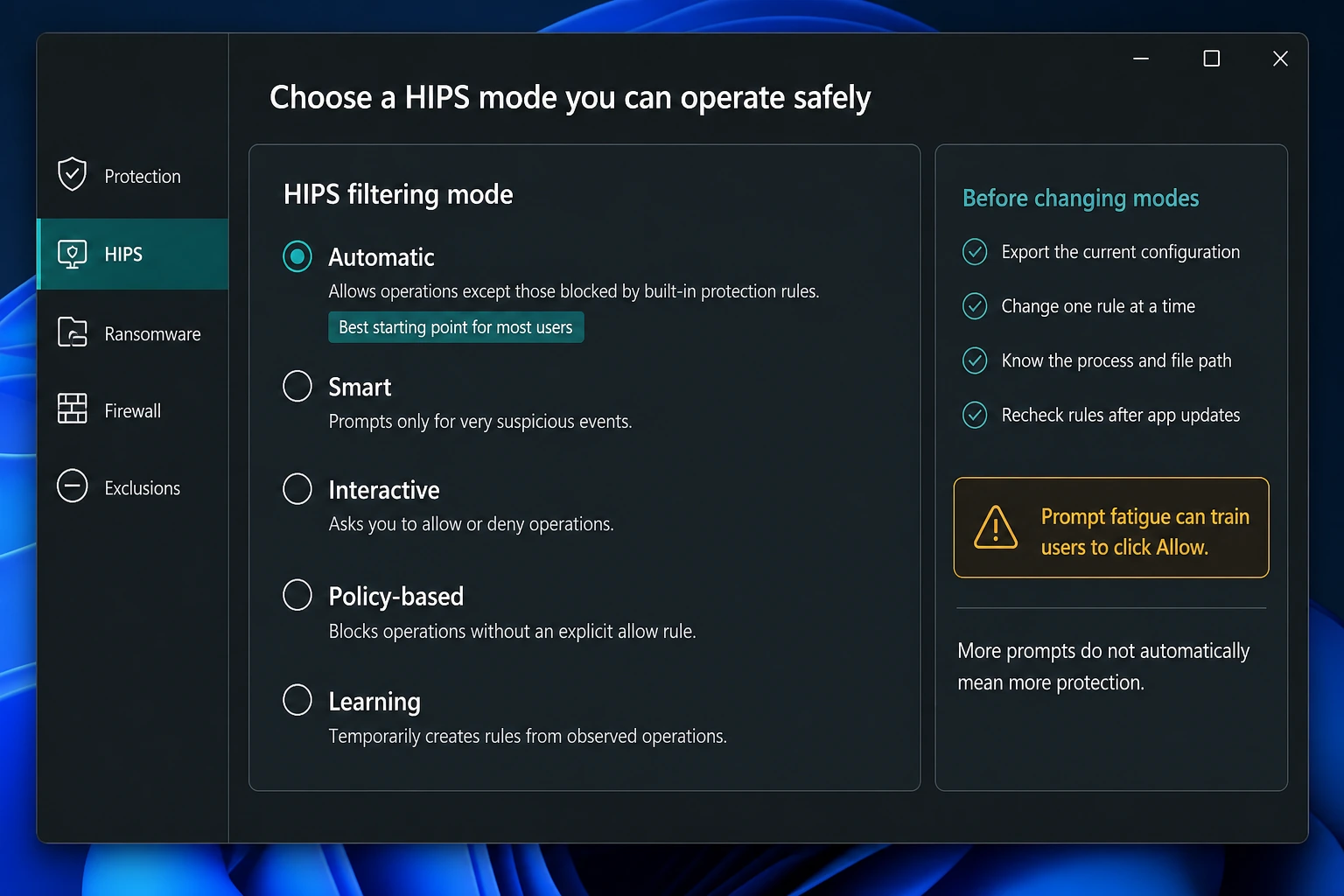 ESET HIPS filtering modes with Automatic selected and a rule-management safety checklist