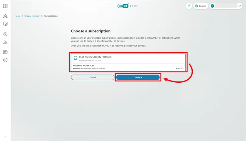 ESET HOME subscription selection step before downloading the installer