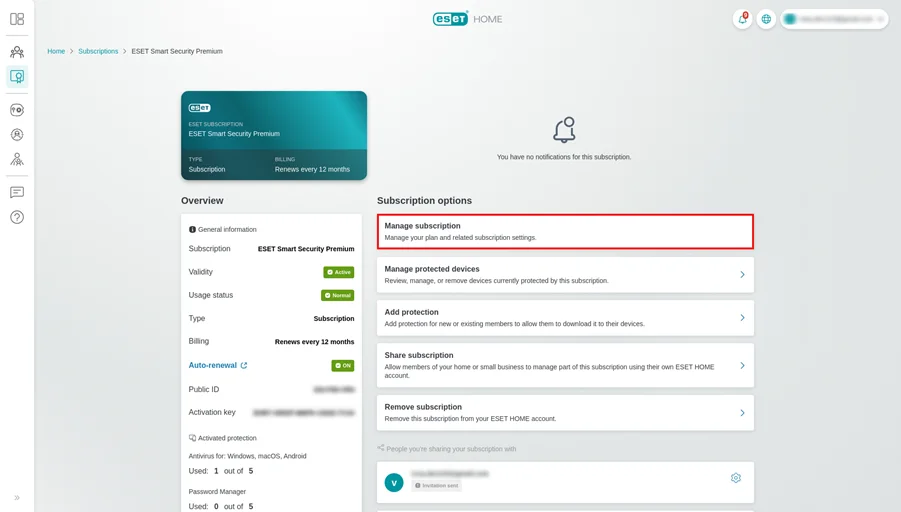 ESET HOME subscription options with Manage subscription control