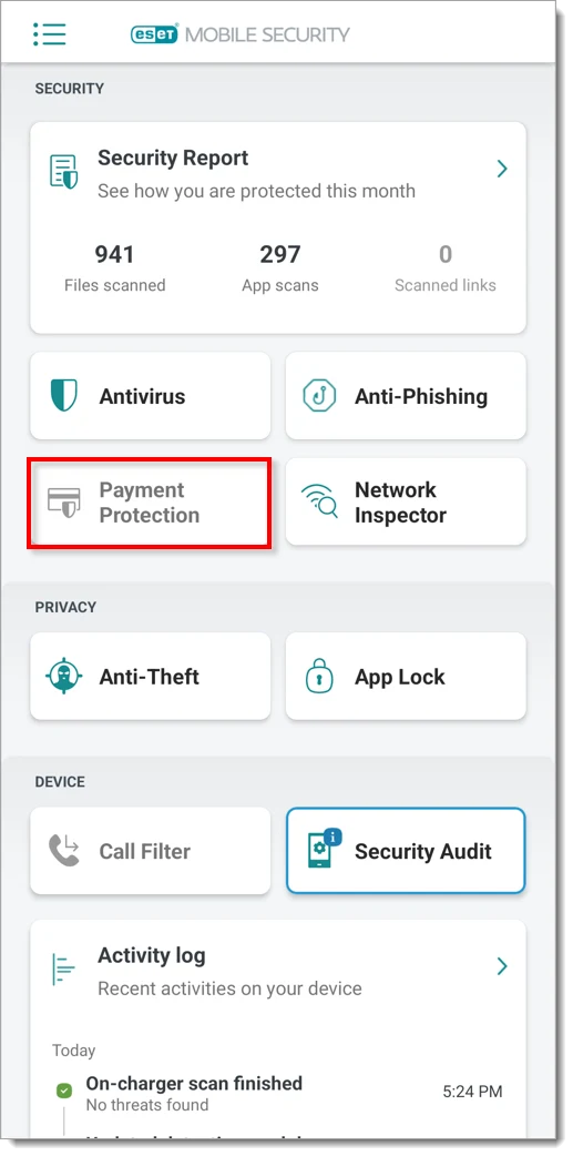Payment Protection tile in ESET Mobile Security for Android
