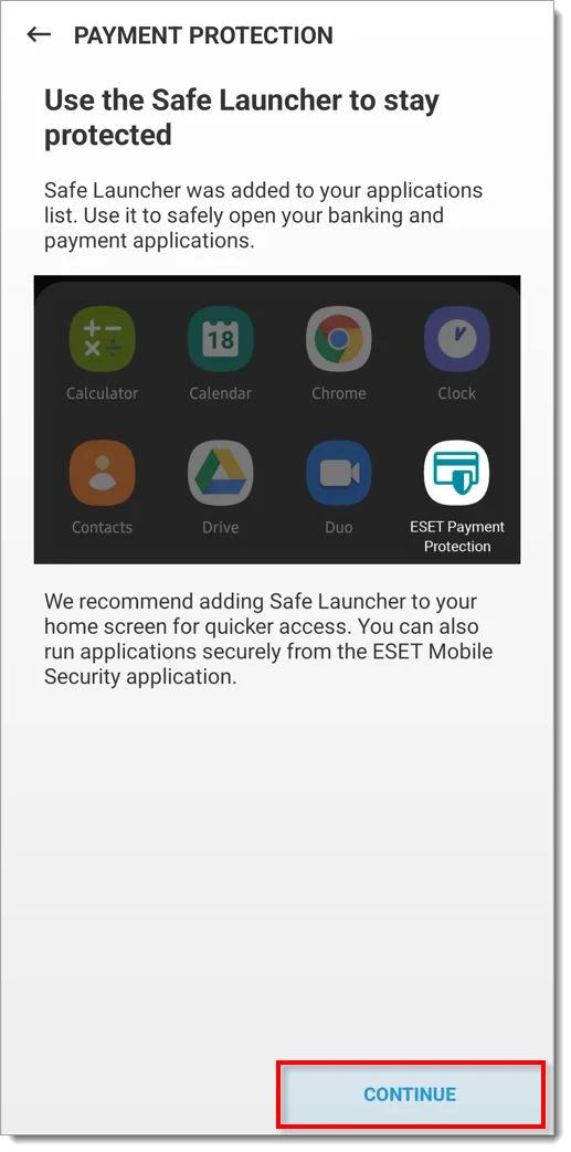 ESET Safe Launcher ready to open protected payment applications