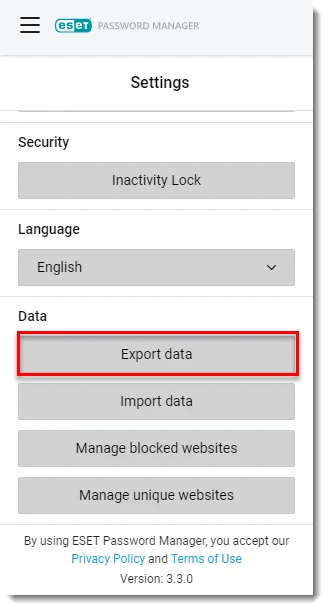 Export data control in ESET Password Manager settings