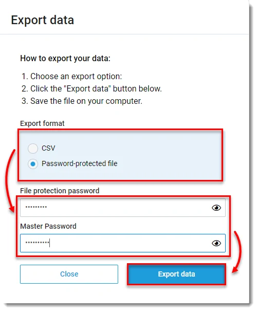 Password-protected JSON and CSV export choices in ESET Password Manager