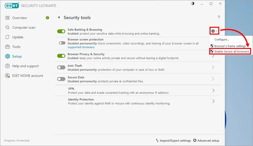 Safe Banking and Browsing settings in ESET Security Tools