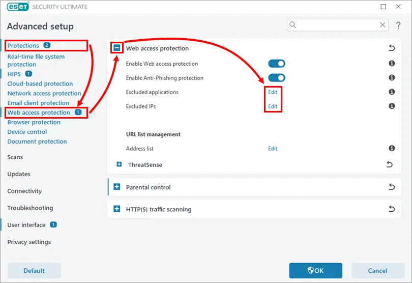 ESET Advanced setup Protections area containing SSL and TLS controls