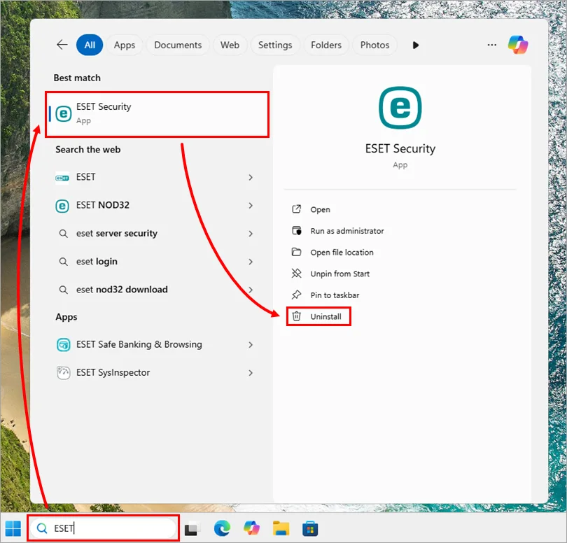 ESET application selected for uninstall in Windows Installed apps