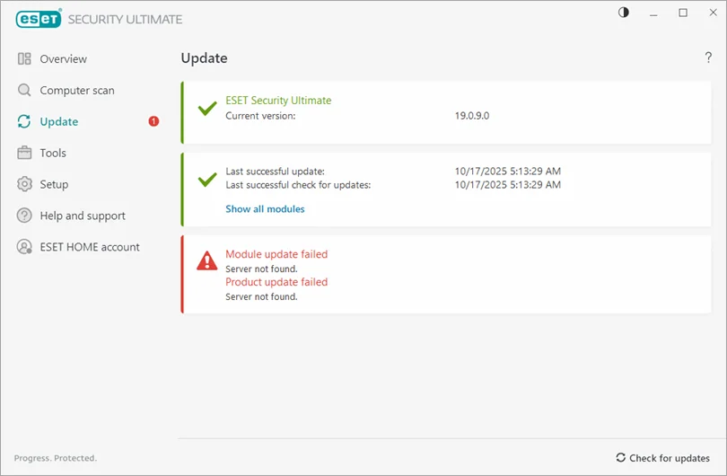 Module update failed warning in an ESET Windows application