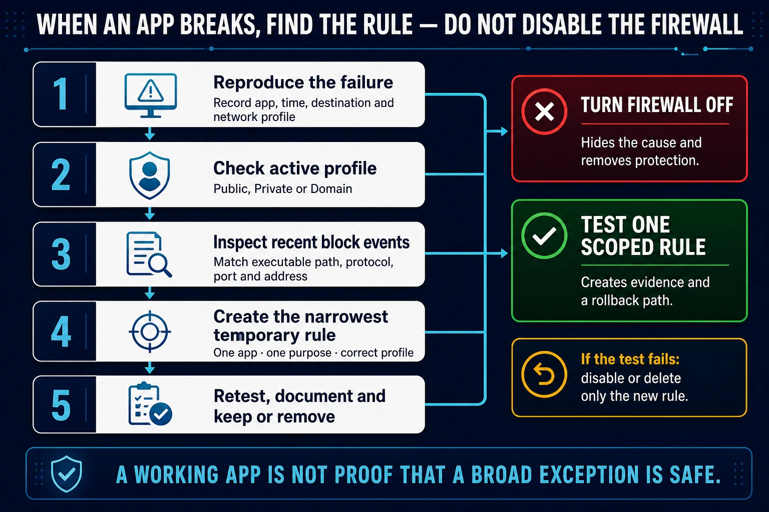 Firewall troubleshooting workflow for reproducing an app failure, checking the active profile, inspecting block events and testing one scoped rule