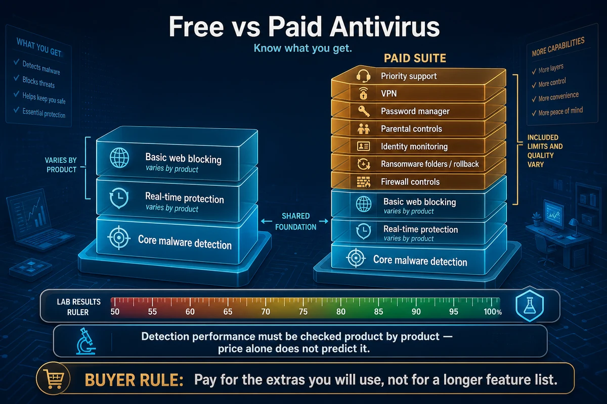 Free and paid antivirus feature stacks with shared malware detection and paid suite extras