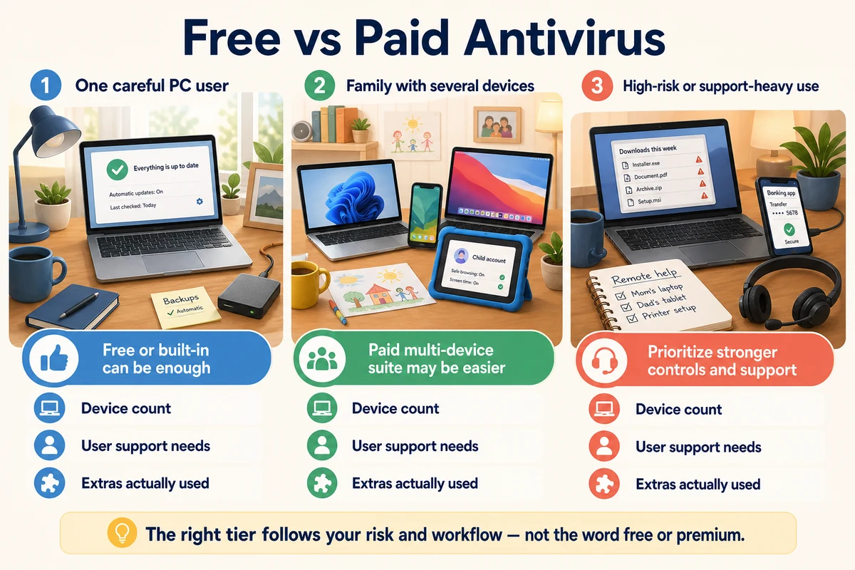 Free and paid antivirus recommendations for a single user family and support-heavy household