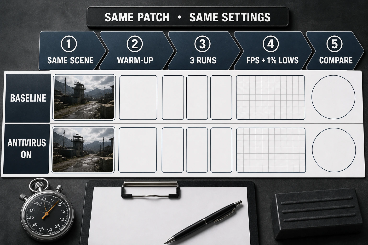 Repeatable gaming antivirus benchmark with identical scenes, warm-up, three runs, FPS and one-percent-low comparison