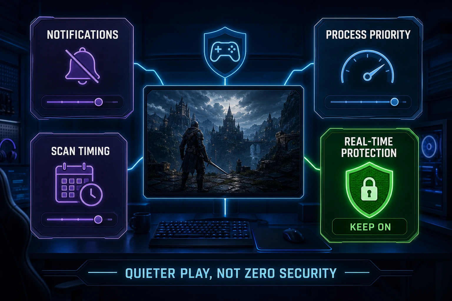 Gaming antivirus mode controls for notifications, scan timing and process priority while real-time protection stays on
