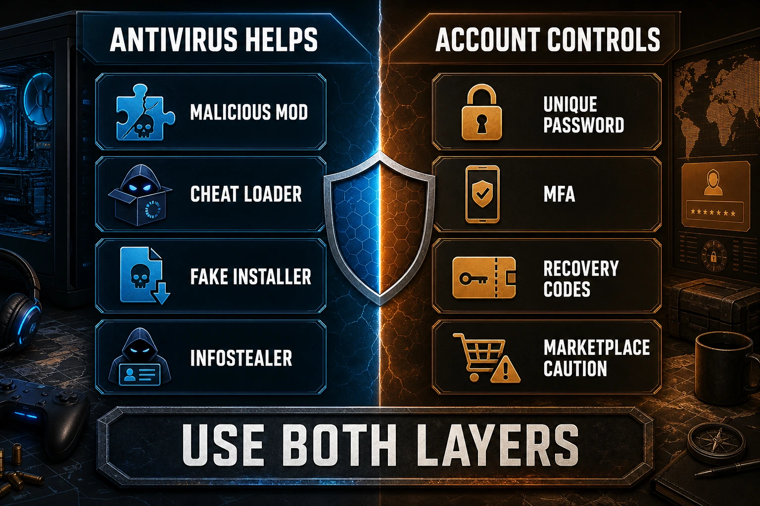 Gaming security layers for malicious mods, cheat loaders, fake installers and infostealers alongside passwords, MFA and recovery codes